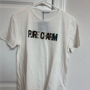 Zara White T-Shirt with Multicolor 'Pure Charm' Design